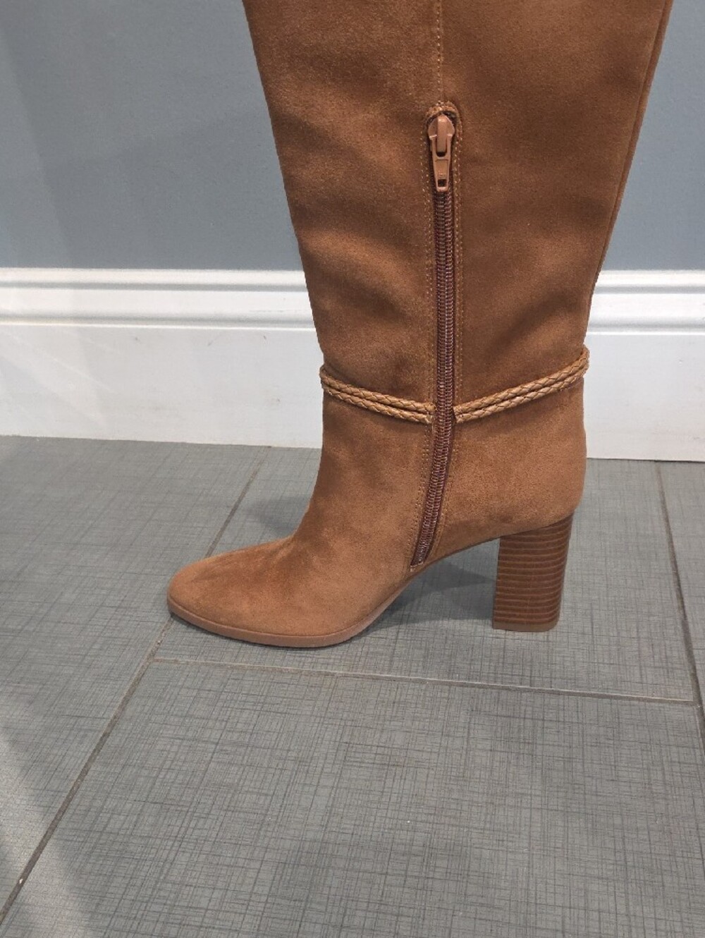 Tan Suede Mid-Calf Block Heel Boots with Rope Ring Accent Size 7 - Picture 5 of 6